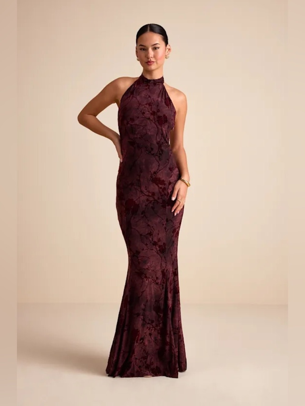 Sitara Burgundy Abstract Jersey Burnout Velvet Halter Maxi Dress